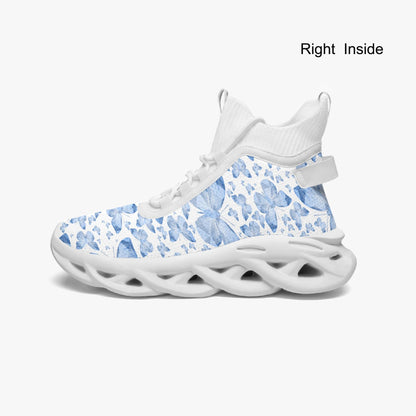 Blue Butterflies In White High-top Bounce Mesh Knit Sneakers