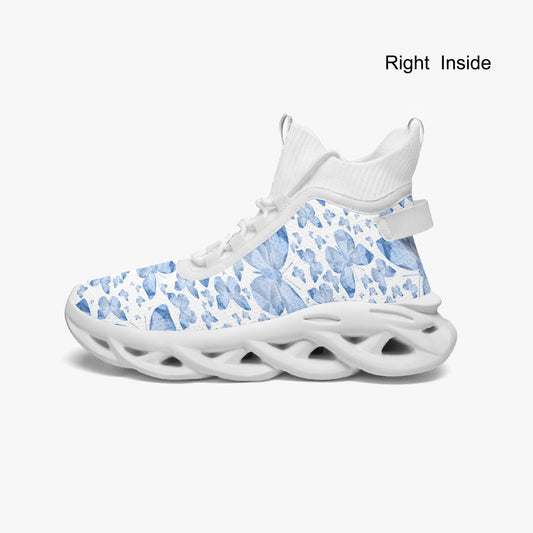 Blue Butterflies In White High-top Bounce Mesh Knit Sneakers
