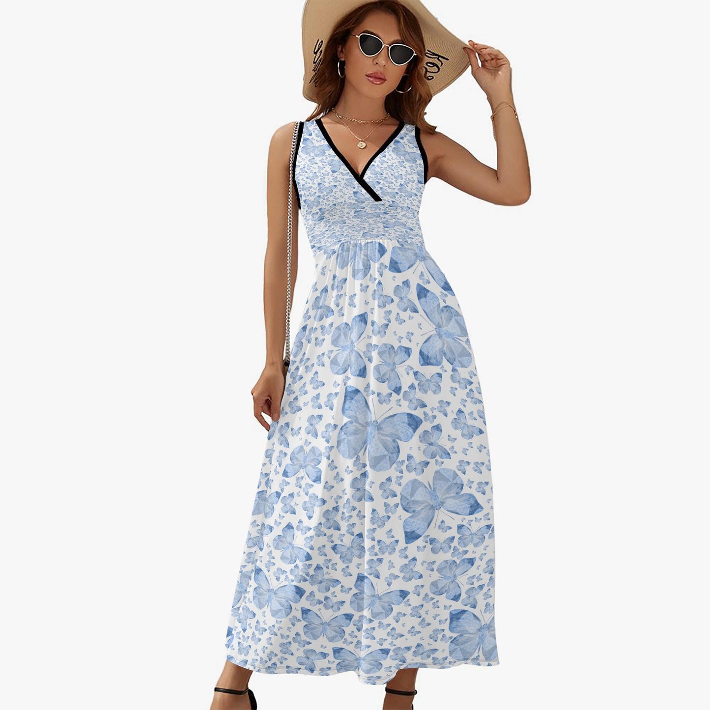 Blue Butterflies In White V-neck Sleeveless Dress