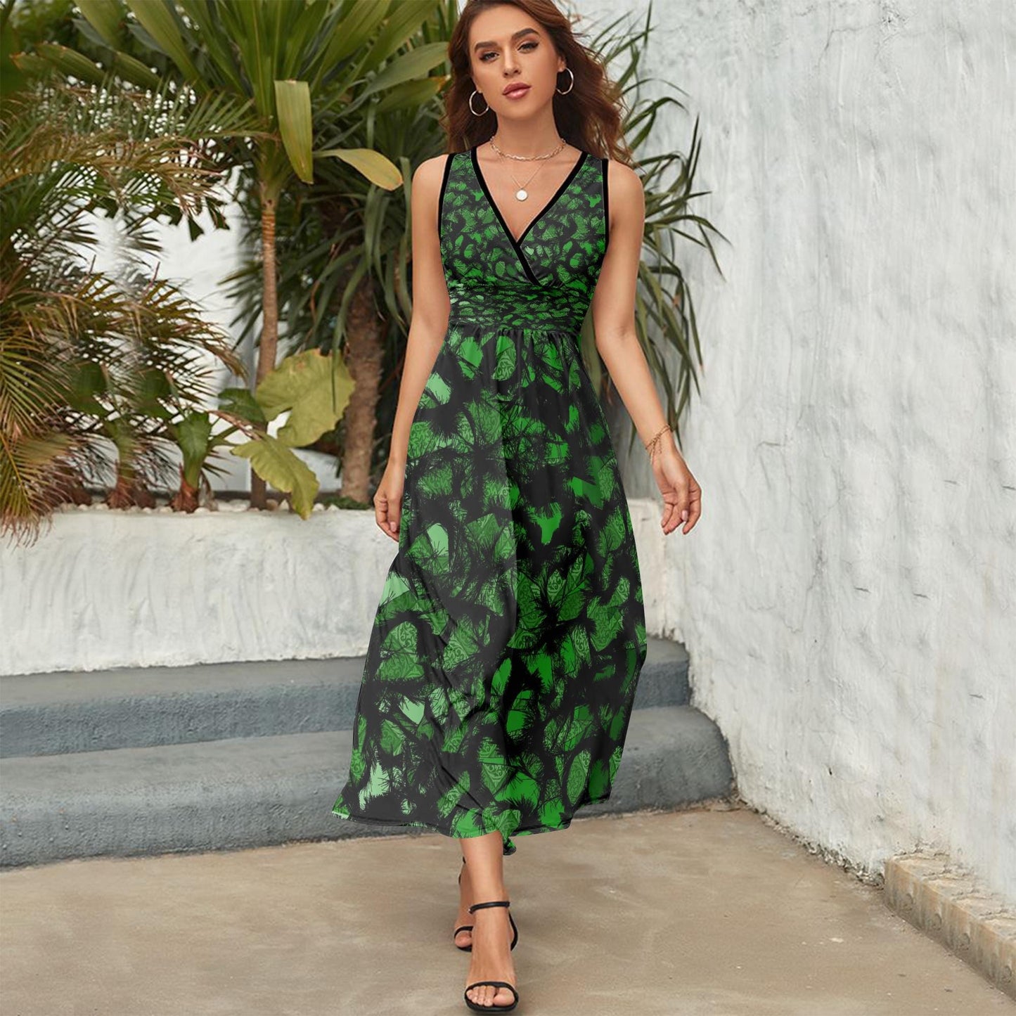 Furry Like Green V-neck Sleeveless Dress