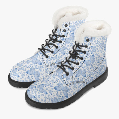 Blue Butterflies In White Faux Fur Leather Boots