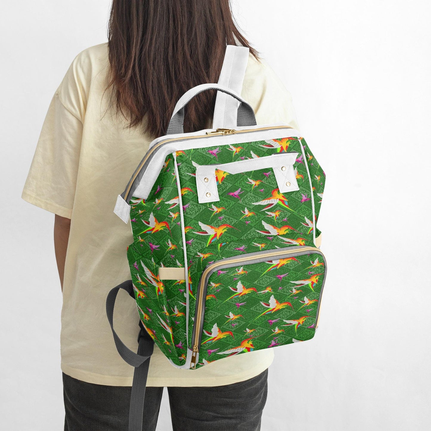 Humming Birds In Plaid Green Diaper Backpack