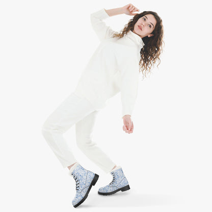 Blue Butterflies In White Faux Fur Leather Boots