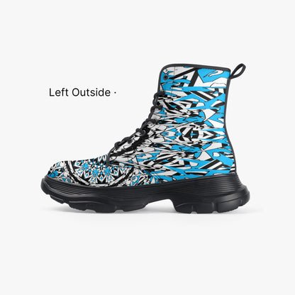 Flower Bloom In Blue Casual Leather Chunky Boots