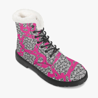 Skulls In Pink Faux Fur Leather Boots