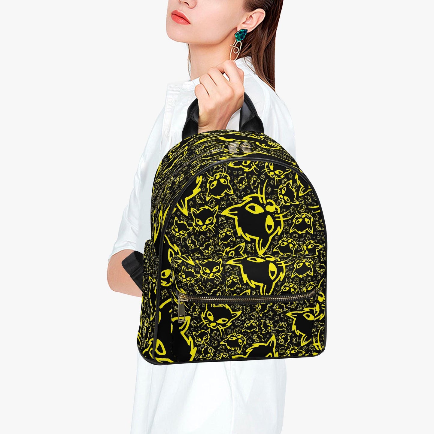 Black Yellow Mellow All Over Printed PU Backpack