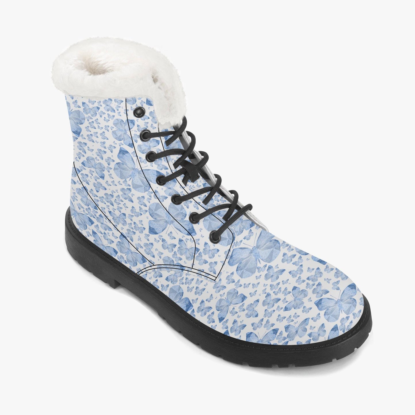 Blue Butterflies In White Faux Fur Leather Boots
