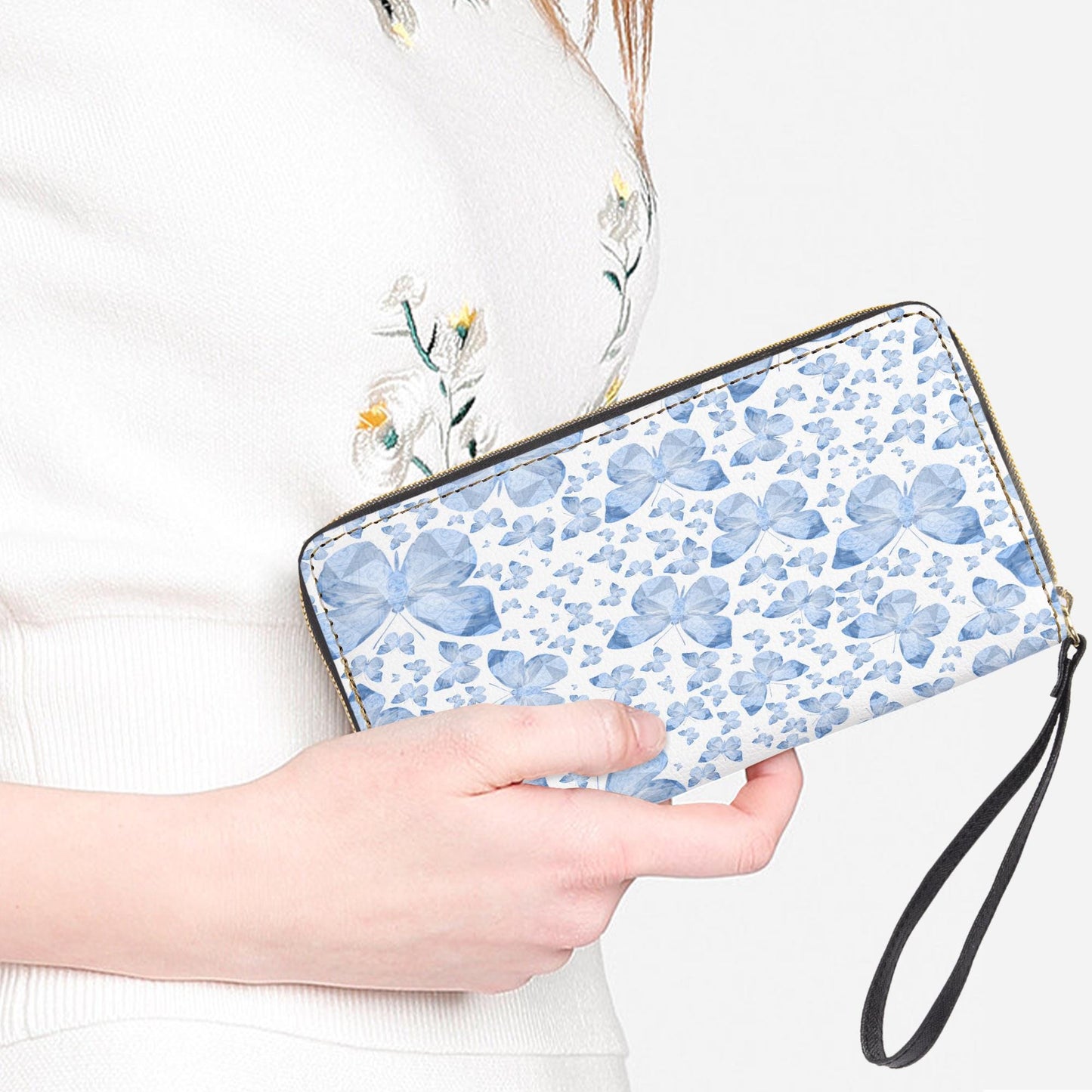 Blue Butterflies In White Leather Wristlet Clutch Wallet