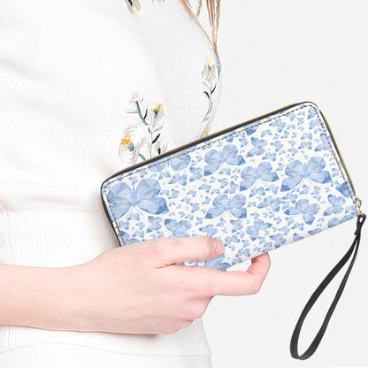 Blue Butterflies In White Leather Wristlet Clutch Wallet