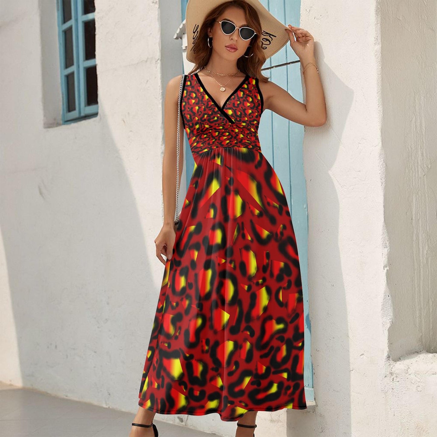 Vibrant nimal Print V-neck Sleeveless Dress