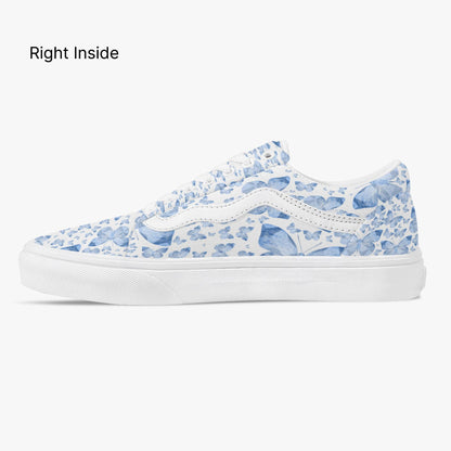 Blue Butterflies In White Trendy Low-Top Canvas Sneakers