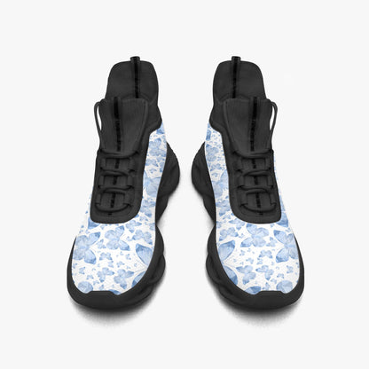 Blue Butterflies In White High-top Bounce Mesh Knit Sneakers