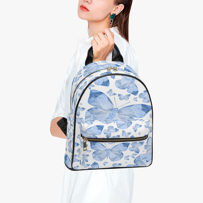 Blue Butterflies In White  All Over Printed PU Backpack