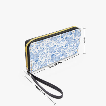 Blue Butterflies In White Leather Wristlet Clutch Wallet