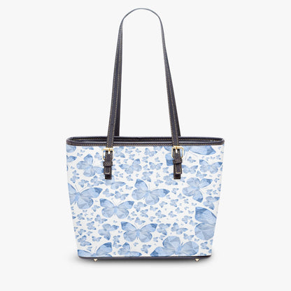 Blue Butterflies In White Medium Leather Tote Bag for Women