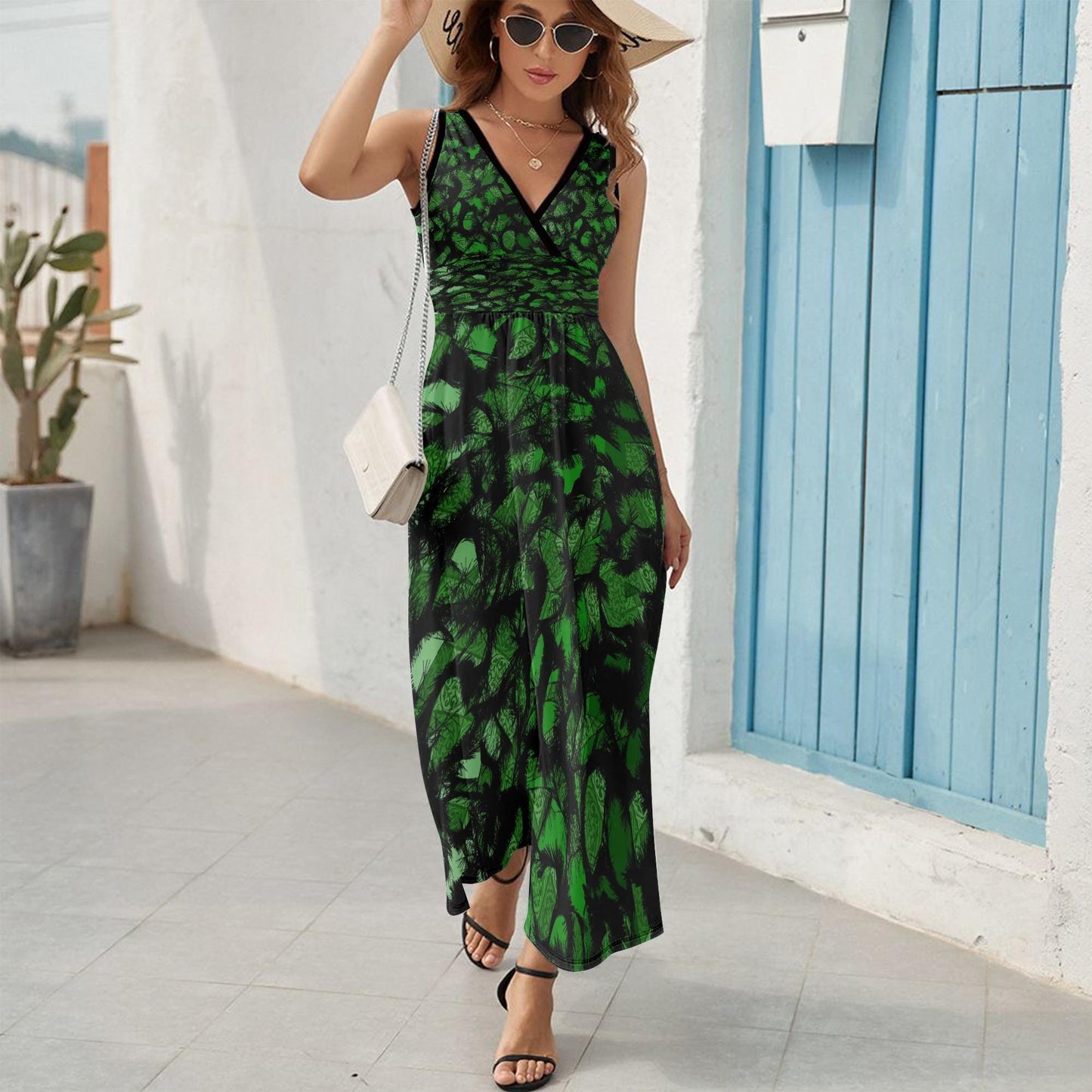 Furry Like Green V-neck Sleeveless Dress