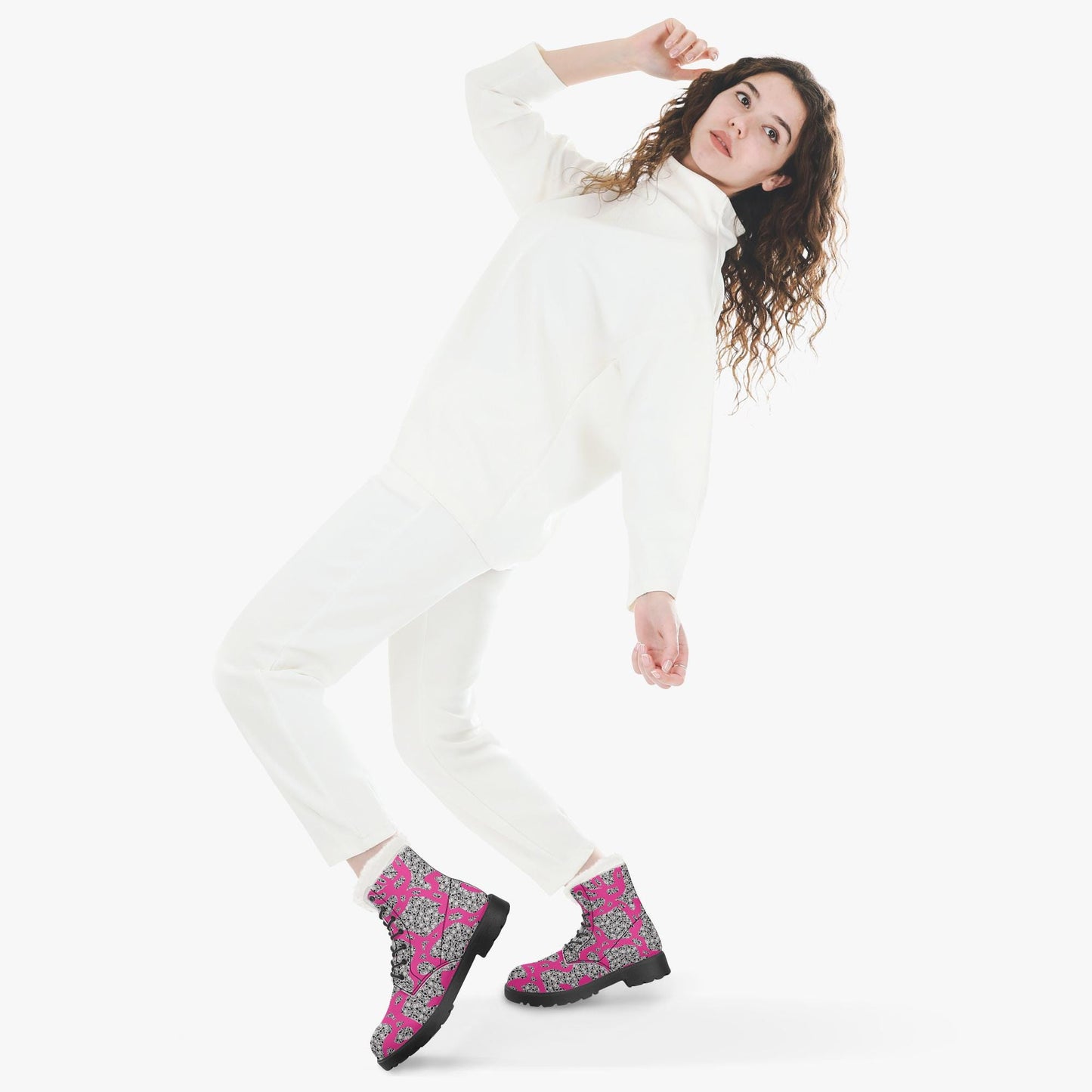 Skulls In Pink Faux Fur Leather Boots