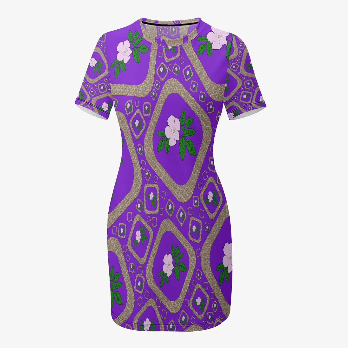 Purple Floral Slim-fit Short-sleeved Dress