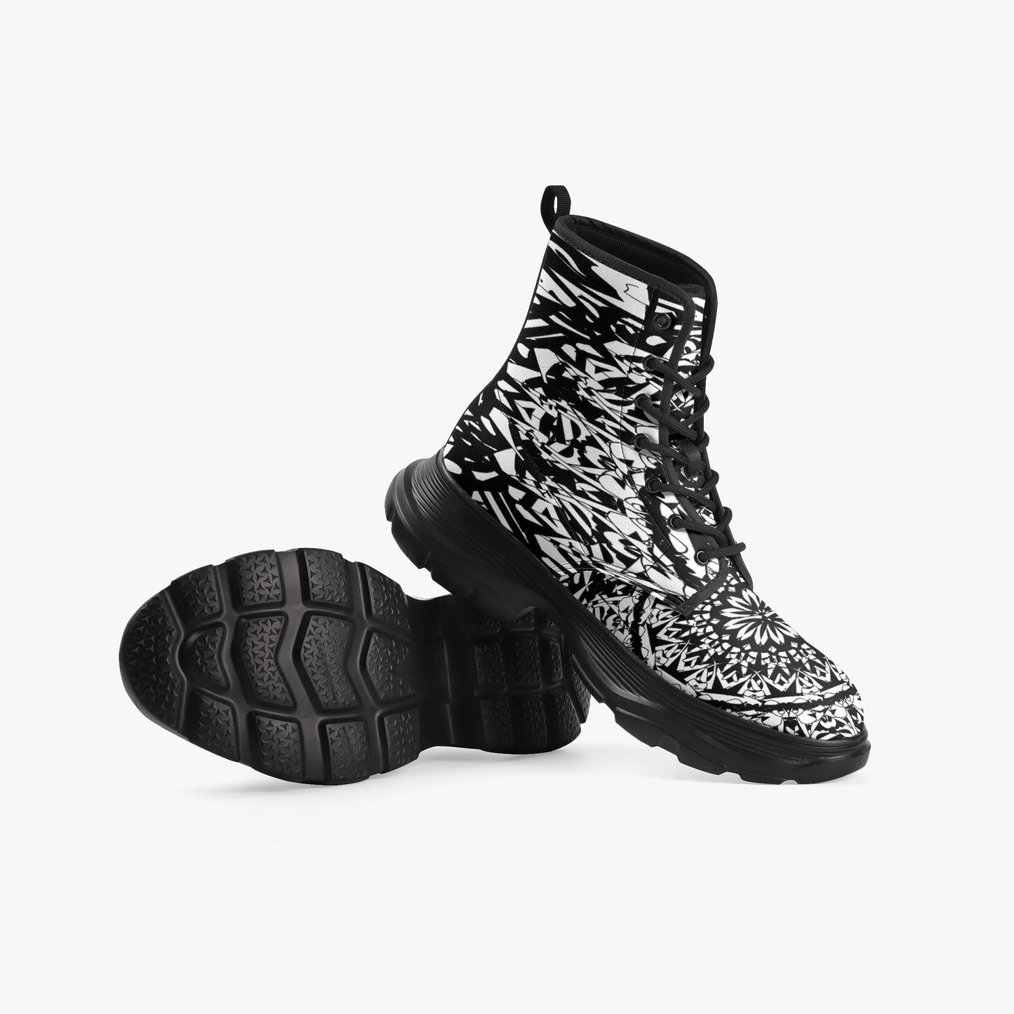Flower Bloom In Black Casual Leather Chunky Boots
