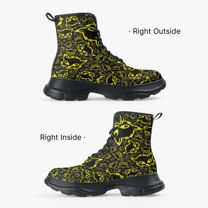 Black Yellow Mellow Casual Leather Chunky Boots