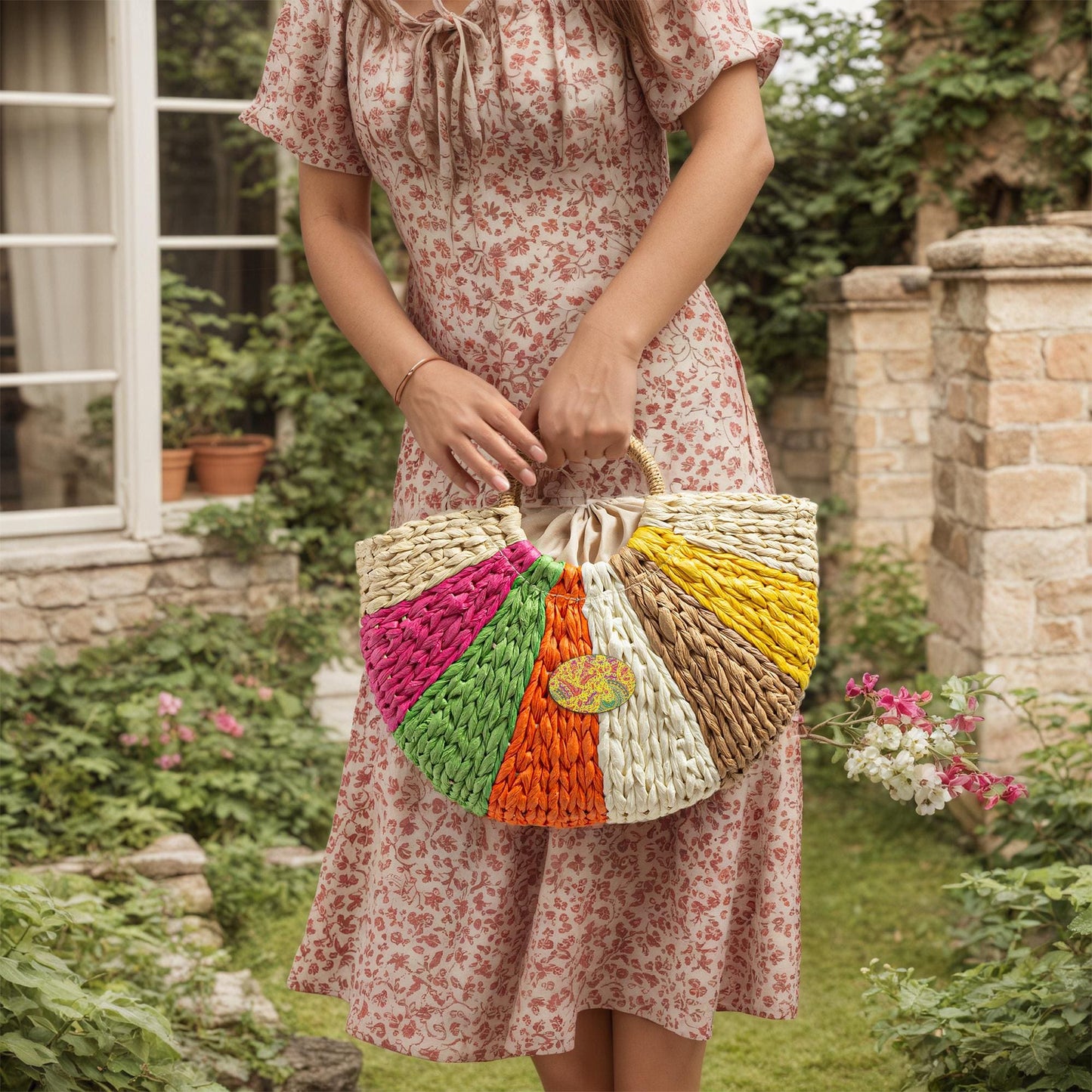 Festive Fun Straw Rainbow Handbag