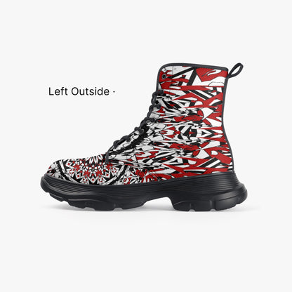 Flower Bloom  In Red Casual Leather Chunky Boots