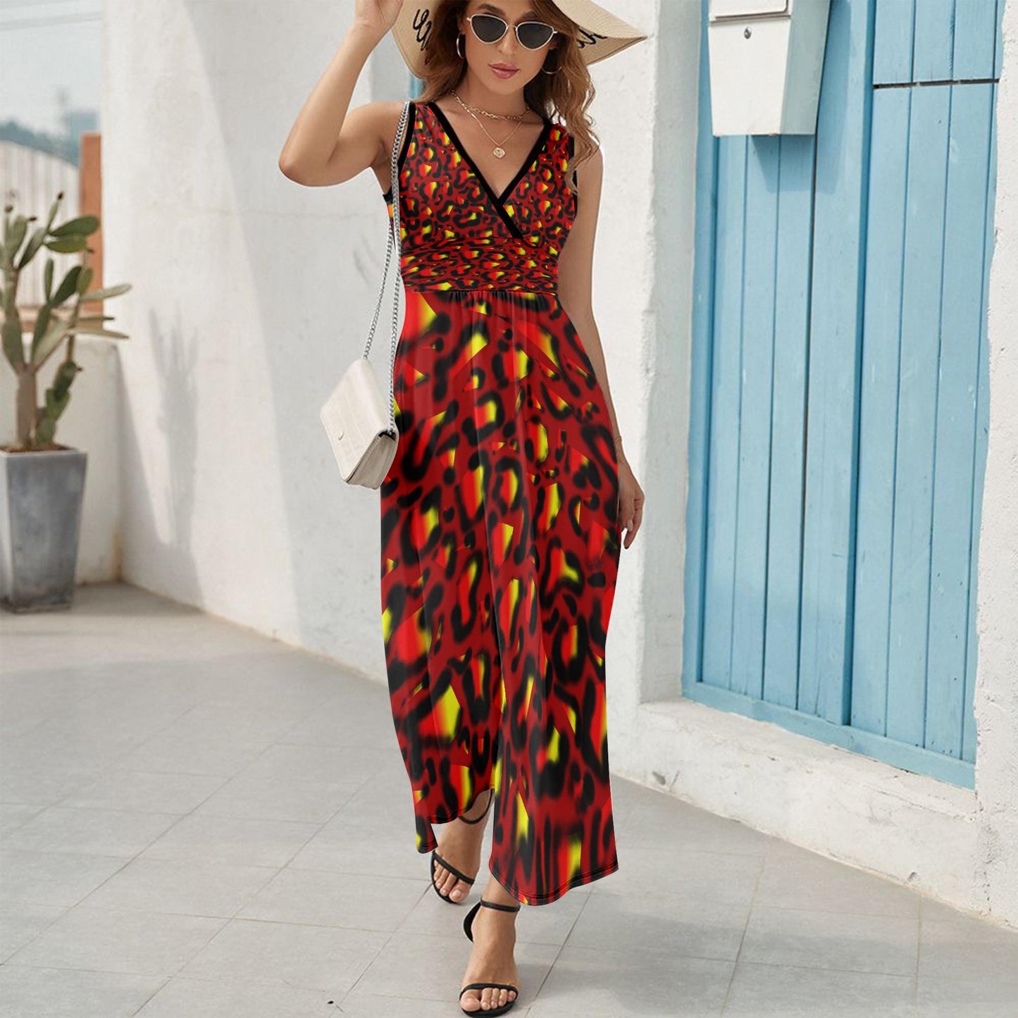 Vibrant nimal Print V-neck Sleeveless Dress