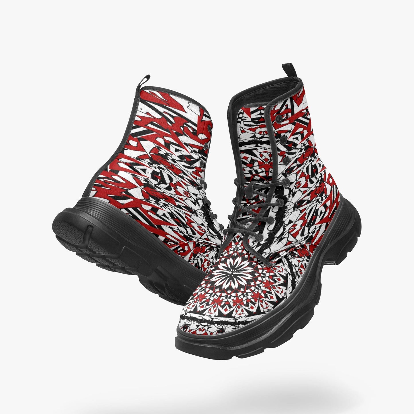 Flower Bloom  In Red Casual Leather Chunky Boots