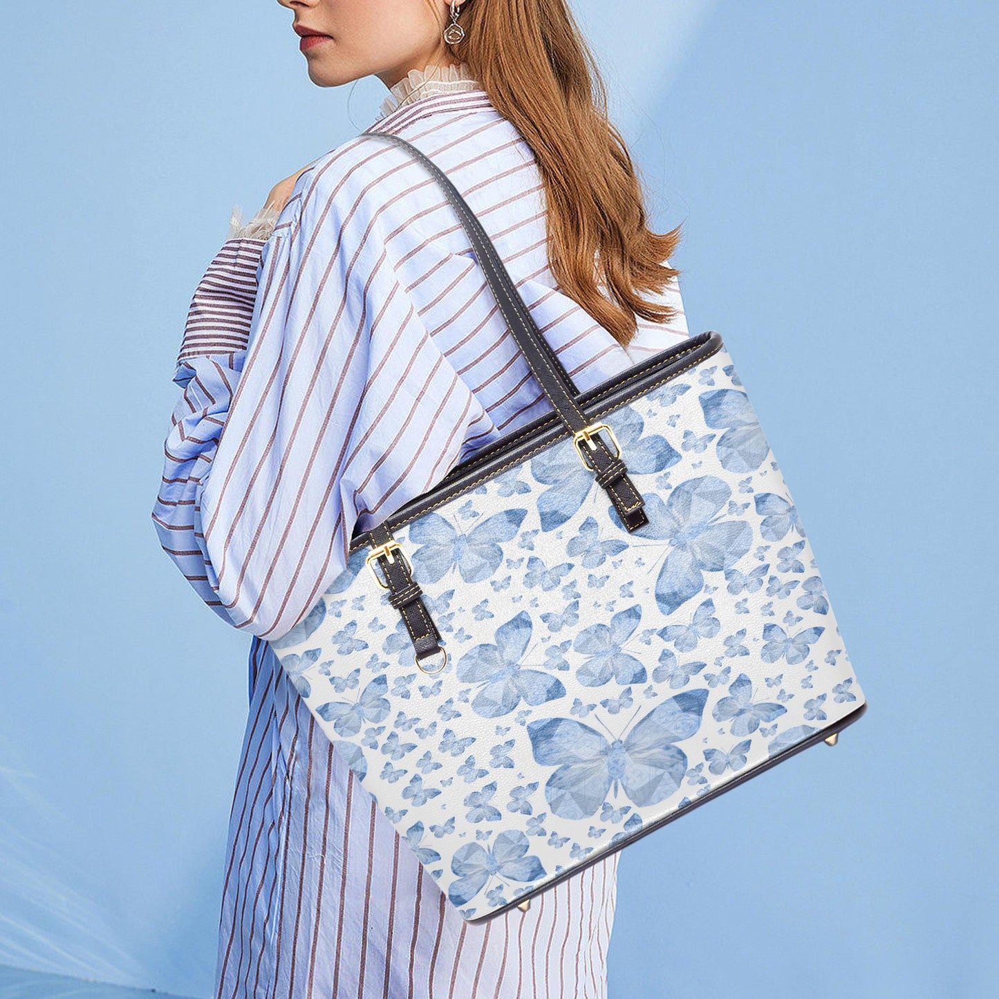 Blue Butterflies In White Medium Leather Tote Bag for Women