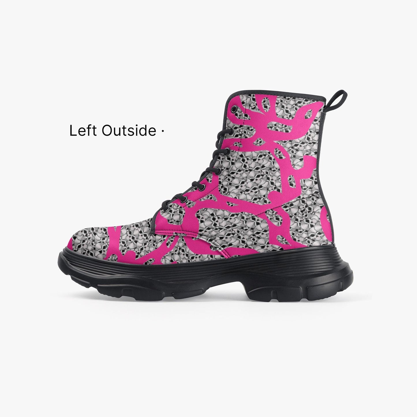 Skulls In Pink Casual Leather Chunky Boots