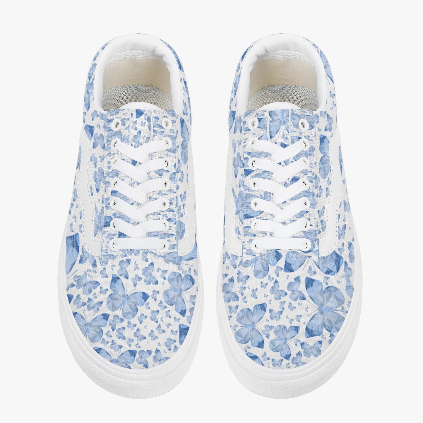 Blue Butterflies In White Trendy Low-Top Canvas Sneakers
