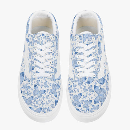 Blue Butterflies In White Trendy Low-Top Canvas Sneakers