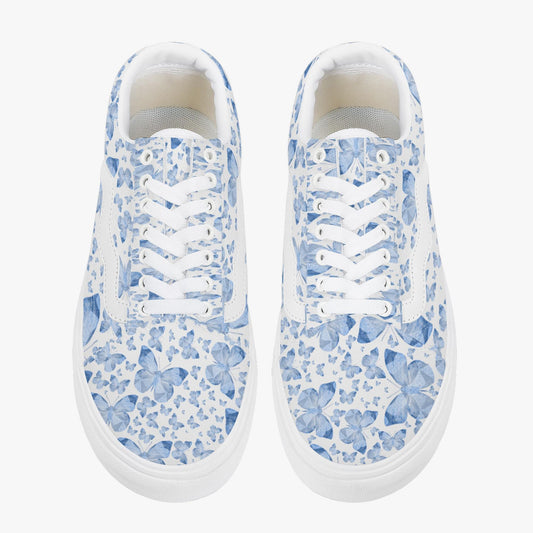 Blue Butterflies In White Trendy Low-Top Canvas Sneakers