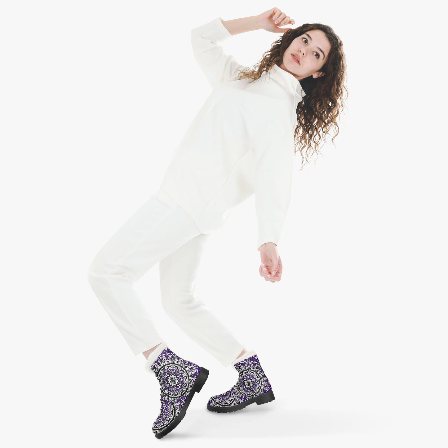 Flower Bloom In Purple Faux Fur Leather Boots
