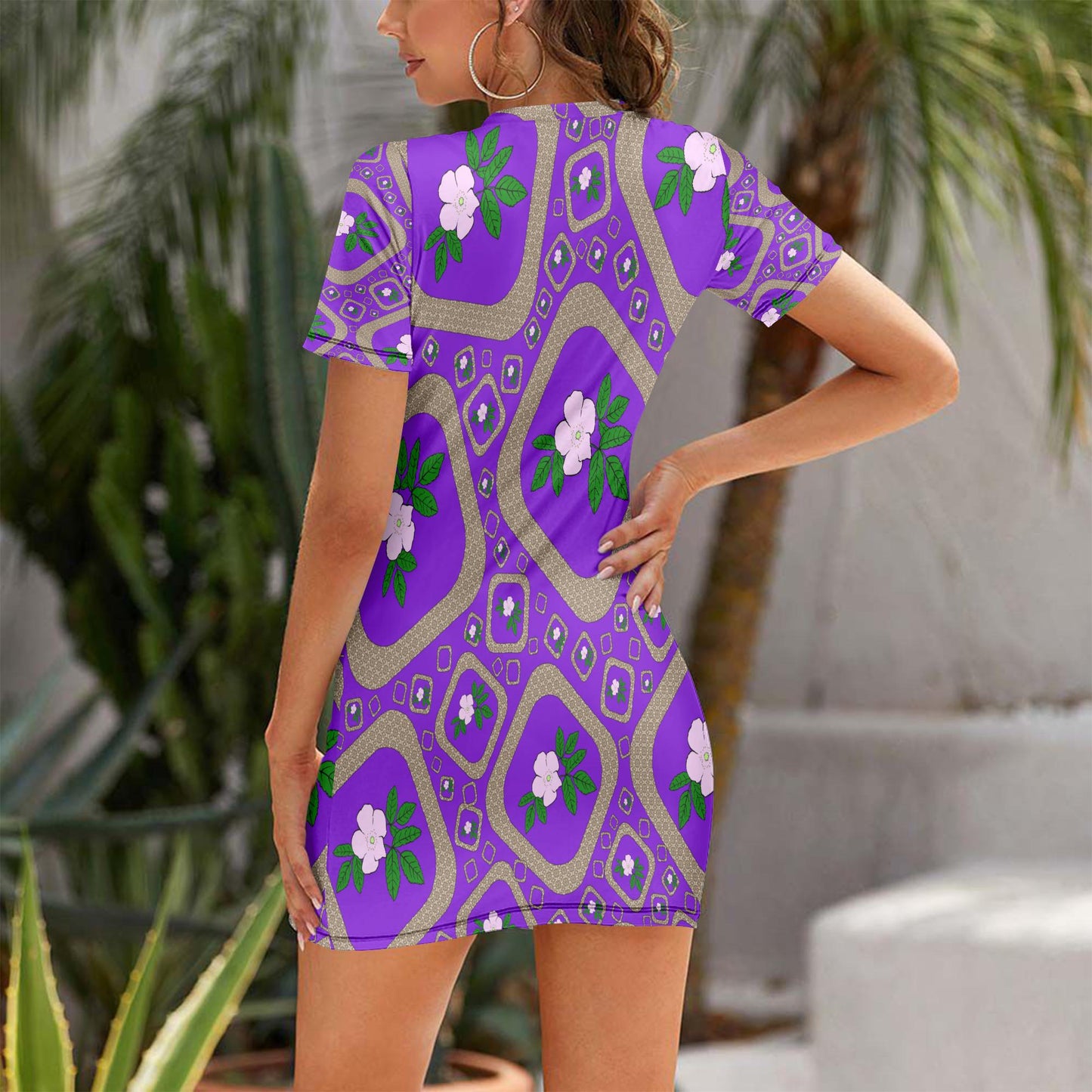 Purple Floral Slim-fit Short-sleeved Dress