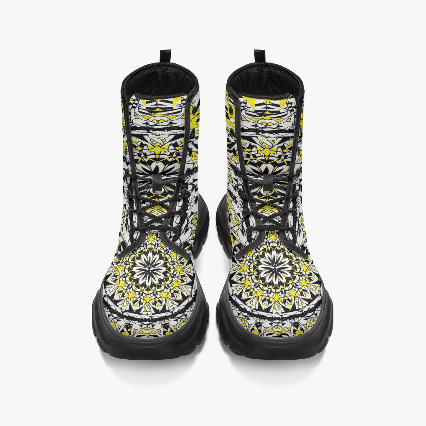 Flower Bloom In Yellow Casual Leather Chunky Boots