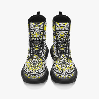 Flower Bloom In Yellow Casual Leather Chunky Boots