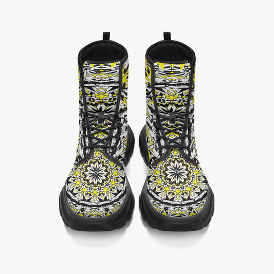 Flower Bloom In Yellow Casual Leather Chunky Boots