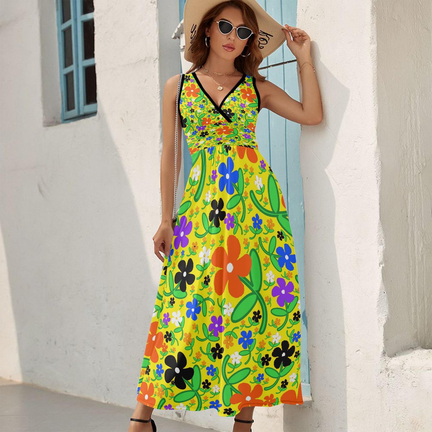 Colorful Flowers V-neck Sleeveless Dress