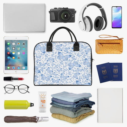 Blue Butterflies In White Large Travel Handbag