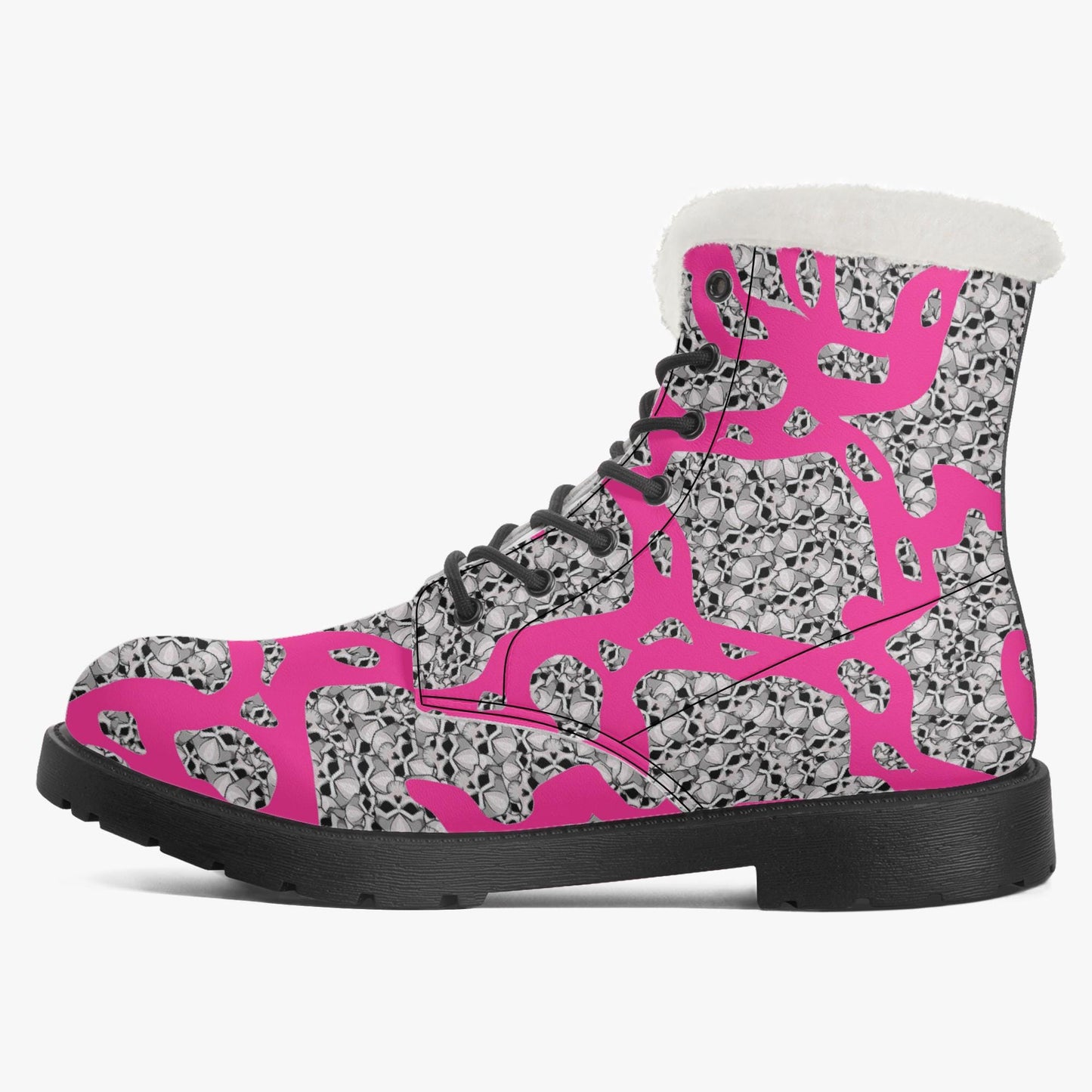 Skulls In Pink Faux Fur Leather Boots