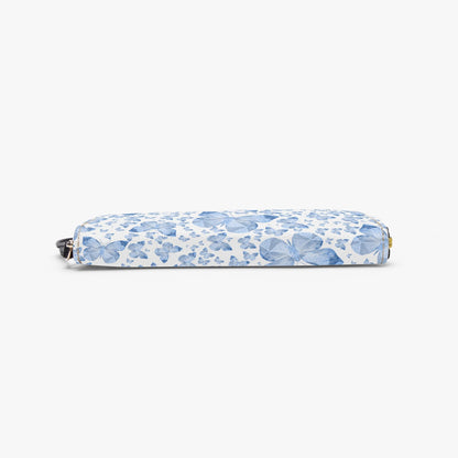 Blue Butterflies In White Leather Wristlet Clutch Wallet
