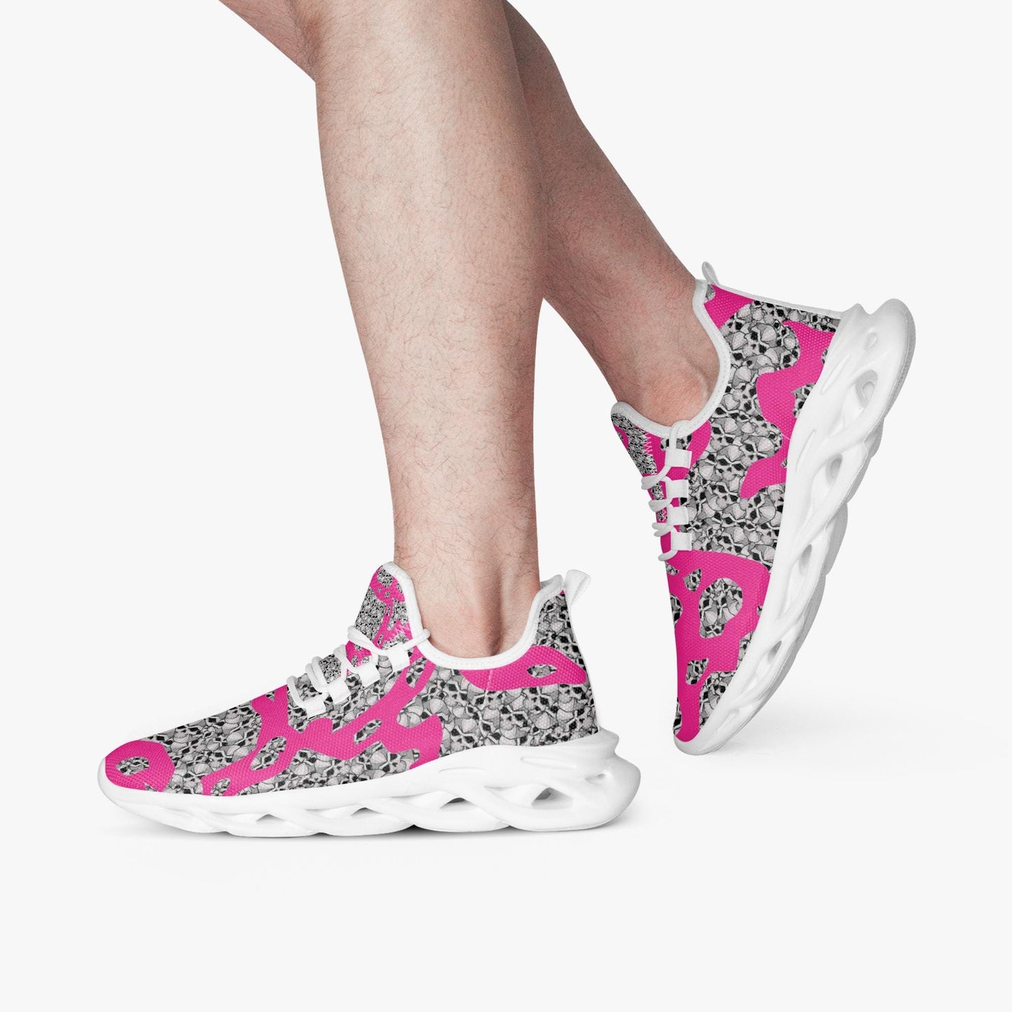 Skulls In Pink Bounce Mesh Knit Sneakers - White