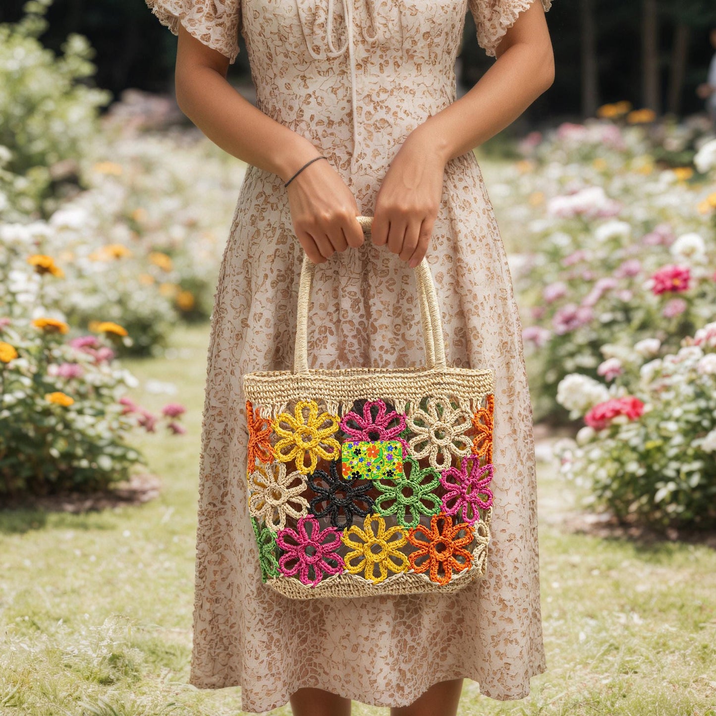 Bright Floral Colorful Flowers Straw Bag