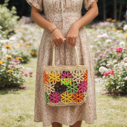 Bright Floral Colorful Flowers Straw Bag