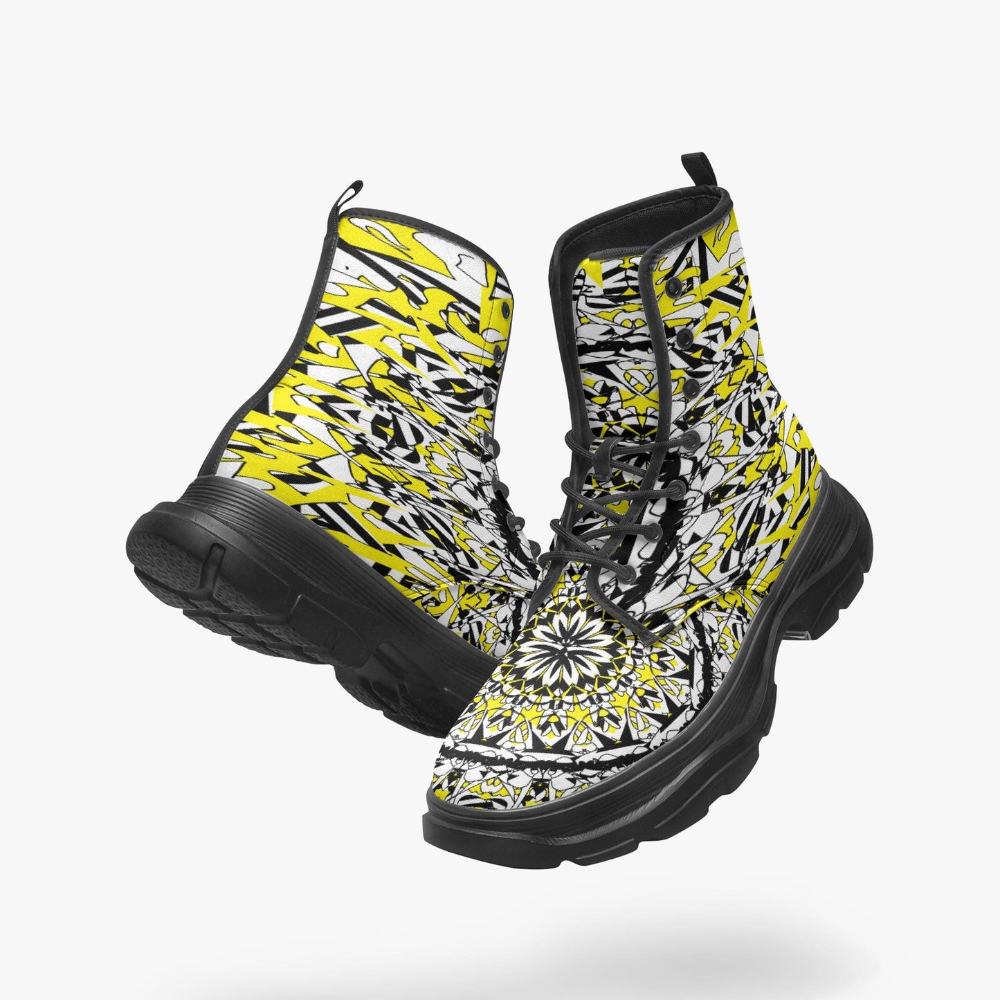 Flower Bloom In Yellow Casual Leather Chunky Boots