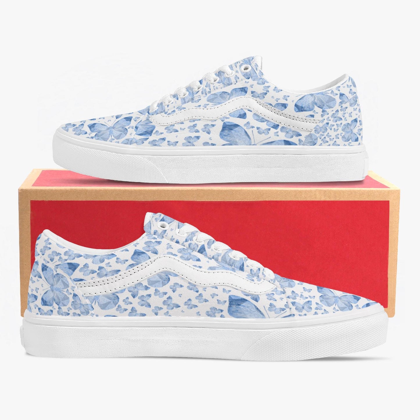 Blue Butterflies In White Trendy Low-Top Canvas Sneakers