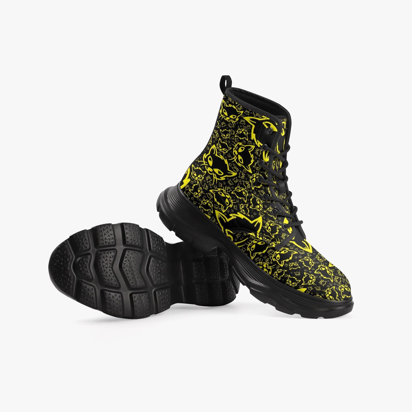 Black Yellow Mellow Casual Leather Chunky Boots