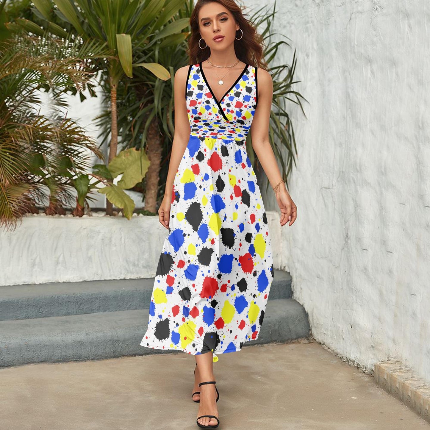 Paint Drip V-neck Sleeveless Dress