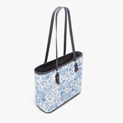 Blue Butterflies In White Medium Leather Tote Bag for Women